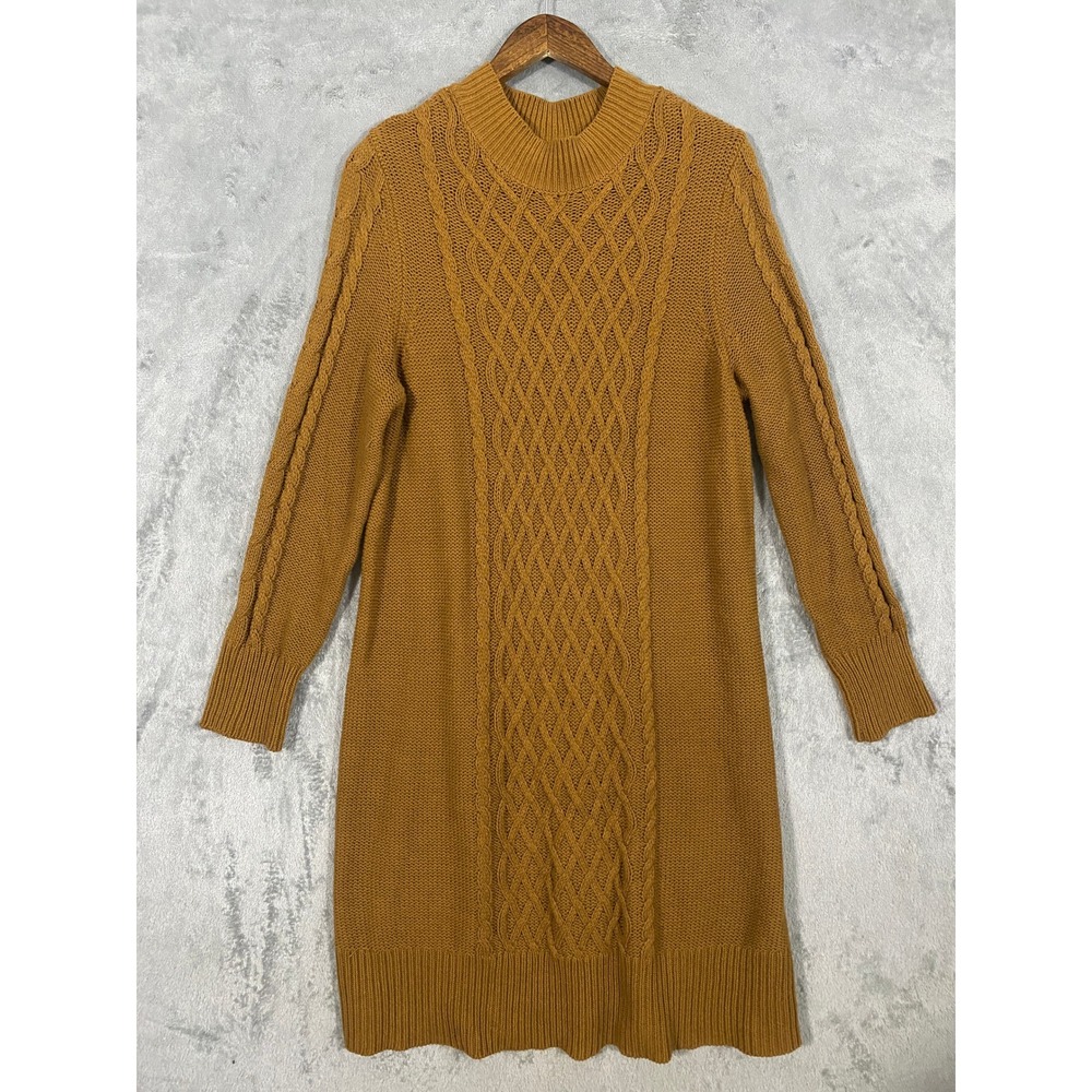 Old Navy Sweater Dress XL Yellowish Brown Cable Knit Mock Neck Long Sleeve Cozy